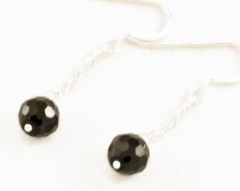 Earrings, Black Faceted Tourmaline, Sterling Silver Chain, Sterling Silver Fishhook Ear Wires, Made in Colorado, Minimalist Jewelry, Simple