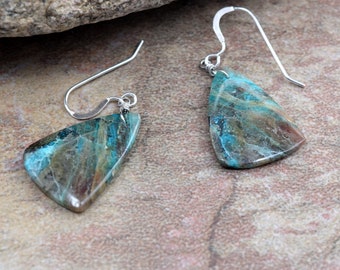 Earrings, Chrysocolla Triangles, Shades of blue and green, Handmade in Colorado, Minimalist Style, Natural Stone