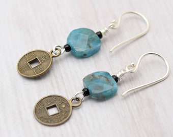 Apatite earrings, Blue Apatite with brass coin charm, Sterling Silver Ear wires, Handmade Colorado Jewelry