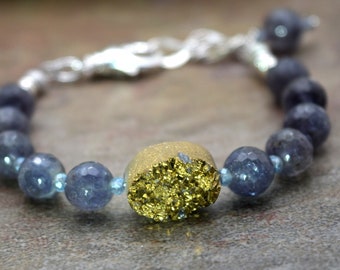 Bracelet, Faceted Iolite beads and gold druzy bead, Handmade Colorado, Adjustable size