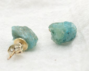 Earrings, Raw Apatite gemstone on Surgical Steel post ear wires, Handmade in Colorado, Dainty blue earrings,