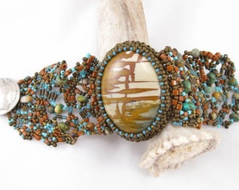 Free form beaded Bracelet, picture jasper cabochon, free form peyote, natural stone jewelry, Indian head nickel, bead embroidered, Colorado