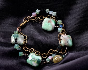 Bracelet, Multi-Strand, Green Jasper Squares, Agate, Brass Chain, Black Tourmaline, Green Garnet, Handmade in Colorado