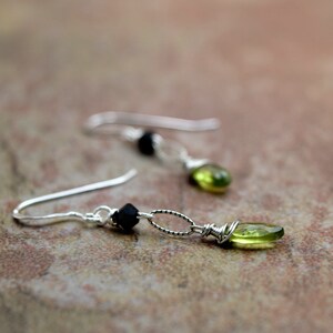 Earrings, Peridot and Black Crystals, Silver chain link all suspended from Sterling Silver Fishhook Ear Wires, Handmade in Colorado