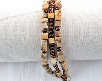 Bracelet 3-strand Picture Jasper beads, Bronze Crystal Rondelles, Silver Plate Lobster Claw Clasp, Adjustable Multi strand bracelet