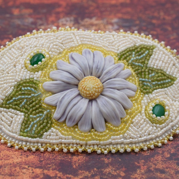 Barrette Laura Mears, Porcelain Daisy, Bead Embroidered, Unique Hair Clip, Spring Hair Accessory, Handmade Colorado,, beaded hair clip