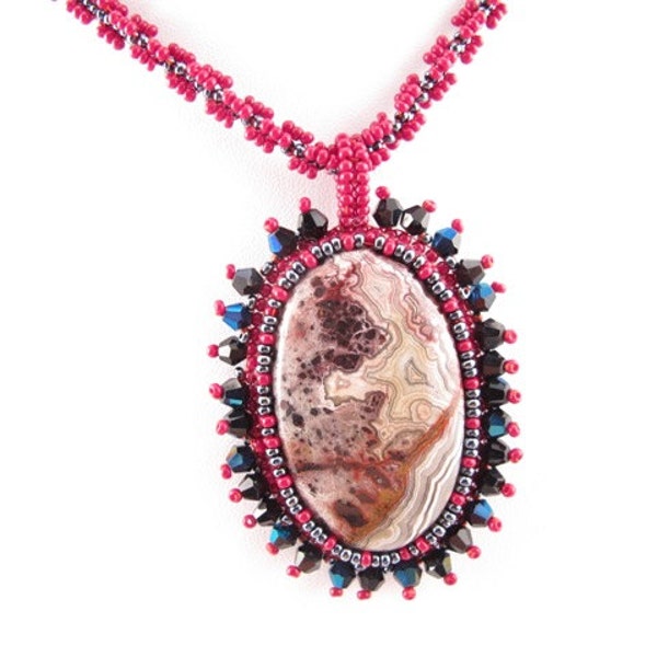 Crazy Lace Agate Necklace, Deep red swirling colors, bead embroidered, handmade beaded rope, natural stone, maroon agate, colorful rock