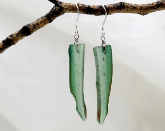 Earrings, Green Chalcedony in long natural shape on Sterling Silver Ear wires, Handmade by me in Colorado  Unique OOAK minimalist jewelry.