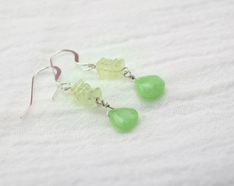 Earrings, Prehnite Square Heishe beads, Green agate teardrop on Sterling Silver ear wires, Handmade in Colorado, Very unique