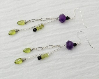 Peridot and Amethyst long dangle earrings, Silver chain, Sterling Silver fishhook ear wires, Handmade Colorado, Artisan Jewelry