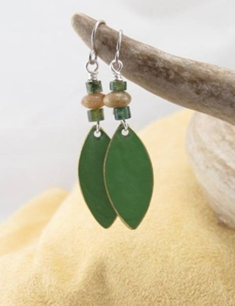 Earrings, green moss agate, jasper rondelles with marquis patina drop, simple, everyday earrings, surgical steel, hypoallergenic ear wires image 5