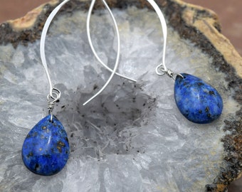 Earrings, Lapis Teardrops with pyrite on Sterling Silver Marquise style ear wires, Handmade by me in Colorado, Unique natural stones