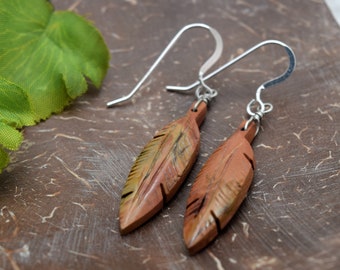 Earrings, Red Creek Jasper carved feathers on Sterling Silver ear wires, handmade in Colorado, Unique, OOAK