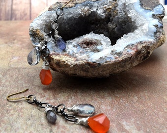 Earrings Carnelian, Quartz, Iolite on Black chain, Gold Plated brass fishhook ear wires, handmade in Colorado, Boho style