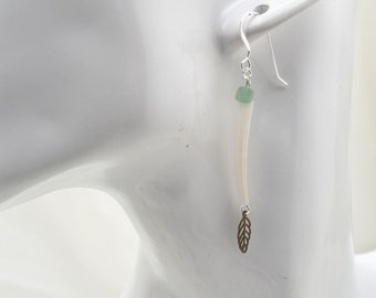 Earrings Dentalium shells, brass feather charm Green Aventurine beads, Handmade in Colorado, Gold plated brass ear wires