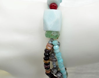 Bracelet, Amazonite Nuggets with 3 strands of gemstones, Handmade in Colorado.  Multi-colored gems Labradorite, Tourmaline, Ruby.