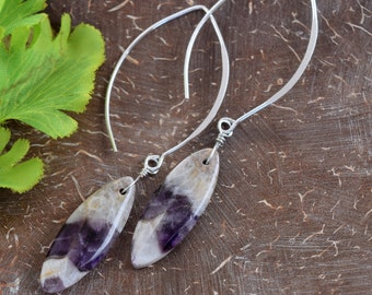 Earrings, Amethyst Marquise shaped stones on Sterling Silver Long Ear Wires, Handmade in Colorado, Gemstone Jewelry