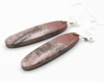 Earrings Rhodonite elongated ovals, Pink stones on Sterling Silver Fishhook Ear wires, Handmade Colorado, Minimalist natural stones