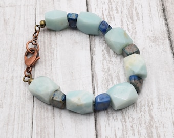 Bracelet, Chunky Amazonite, Impression Jasper, Handmade in Colorado, Copper Lobster Claw Clasp, Natural Stone Jewelry