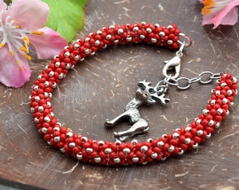 Holiday Bracelet, Red and Silver Seed beads woven into a beaded rope with a cute Reindeer pewter charm, Handmade in Colorado