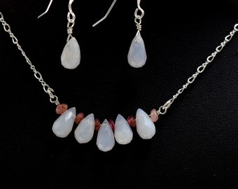 Necklace and Earring Set, Blue Chalcedony Pink Tourmaline on Adjustable Sterling Silver Chain, Handmade in Colorado, Minimalist bar necklace