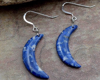 Earrings, Lapis Lazuli Crescent moon shaped stones, on Sterling Silver Ear wires, Handmade by me in Colorado, Unique simple natural stone