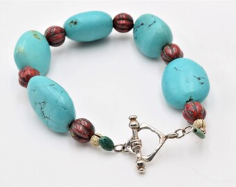 Turquoise Nugget Bracelet, Complimented by Red glass beads, Sterling Silver Toggle Closure, Quality Turquoise,  Made in Colorado, Western