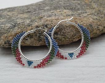 Hoop earrings with retro seed bead look, Handmade in Colorado, Bead woven with Delica beads 24mm hoops, Boho Chic