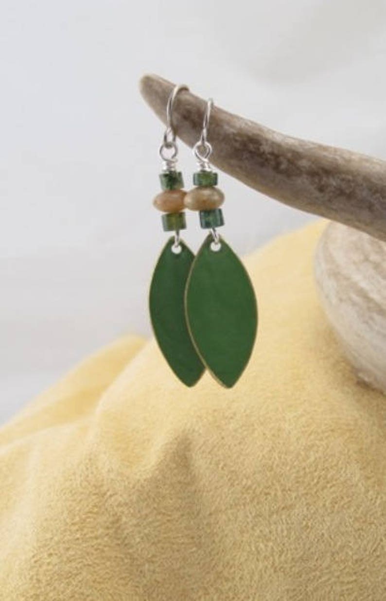 Earrings, green moss agate, jasper rondelles with marquis patina drop, simple, everyday earrings, surgical steel, hypoallergenic ear wires image 4