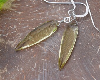 Earrings, Lemon Quartz Feather shaped stones on Sterling Silver Fishhook Ear wires, Handmade in Colorado, Dainty, Minimalist