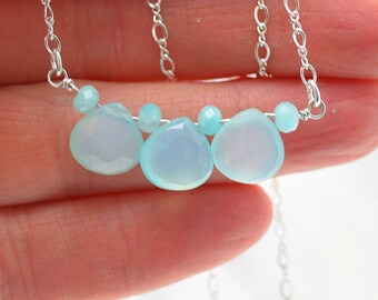 Necklace and Earrings Set, Blue Chalcedony Teardrops with Aquamarine on Sterling Silver, Handmade in Colorado, Minimalist, Layering jewelry
