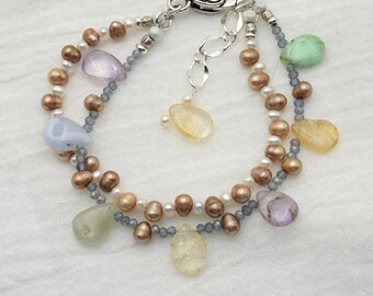 Brace Assorted Briolettes with Freshwater pearls, Handmade in Colorado, Adjustable size.