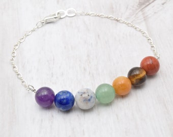 Bracelet Chakra, Yoga Jewelry, Handmade Jewelry, 7 Chakra stones, Made in Colorado, Multi-colored stone bracelet , Sterling Silver Chain