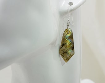 Earrings, Labradorite Kite shaped stones on Sterling Silver ear wires, handmade in Colorado, Unique, great flash, ooak, natural stone