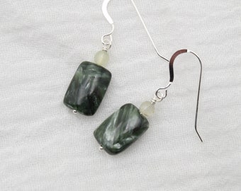 Earrings, Seraphinite Rectangle with Prehnite bead on Sterling Silver Ear wires, Handmade in Colorado, Gemstone Jewelry