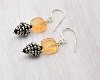 Citrine Gemstone Earrings, Nature Lovers,  Pine Cone Charms, Colorado Handmade, Sterling Silver ear wires, Dainty Earrings, Lightweight