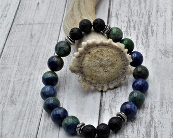 Healing Diffuser Bracelet, Azurite and Lava Beads, Made in Colorado, Essential oil diffuser, Gift for him or her, gemstone jewelry