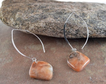 Earrings, Sunstone or Heliolite stones on Sterling  Silver Marquise shaped ear wires, Handmade in Colorado, Natural Stone, Shimmering stones