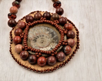 Necklace ,Ammonite Fossil beaded, Bead embroidered, Simple necklace, Unique Jewelry, Handmade in Colorado, Natural stone, Gift for her