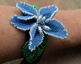 Beaded flower Bracelet corsage, Blue beaded flower, Wrist Corsage, Unique jewelry, Loomed bracelet, handcrafted beadwork, beaded leaves