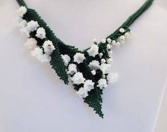 Peyote beaded Flower Necklace, Lily of the Valley, hand beaded, bead work, bead stitching, floral jewelry, peyote stitch, beaded rope