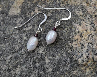 Pearl Garnet Earrings Freshwater pearl topped with a tiny garnet, Sterling Silver Fishhook Earrings, Made in Colorado, Minimalist Style