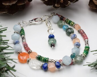 Bracelet, Multi Gemstone, Multi Strand colorful handmade in Colorado, Adjustable sizing, Lapis, Carnelian, Turquoise, Peach Moonstone etc.