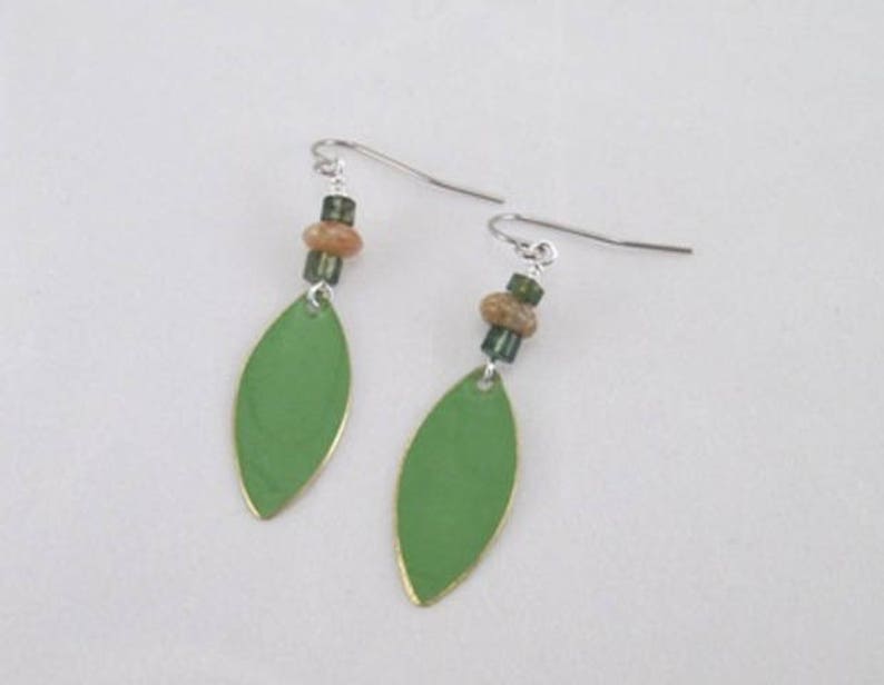 Earrings, green moss agate, jasper rondelles with marquis patina drop, simple, everyday earrings, surgical steel, hypoallergenic ear wires image 2