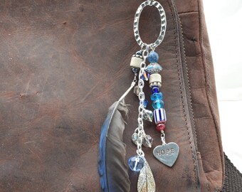 Purse charm, Handbag Tassel, Backpack charm, Handmade in Colorado, Beaded with Silver chain charms, Flicker Feather