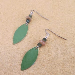 Earrings, green moss agate, jasper rondelles with marquis patina drop, simple, everyday earrings, surgical steel, hypoallergenic ear wires image 6