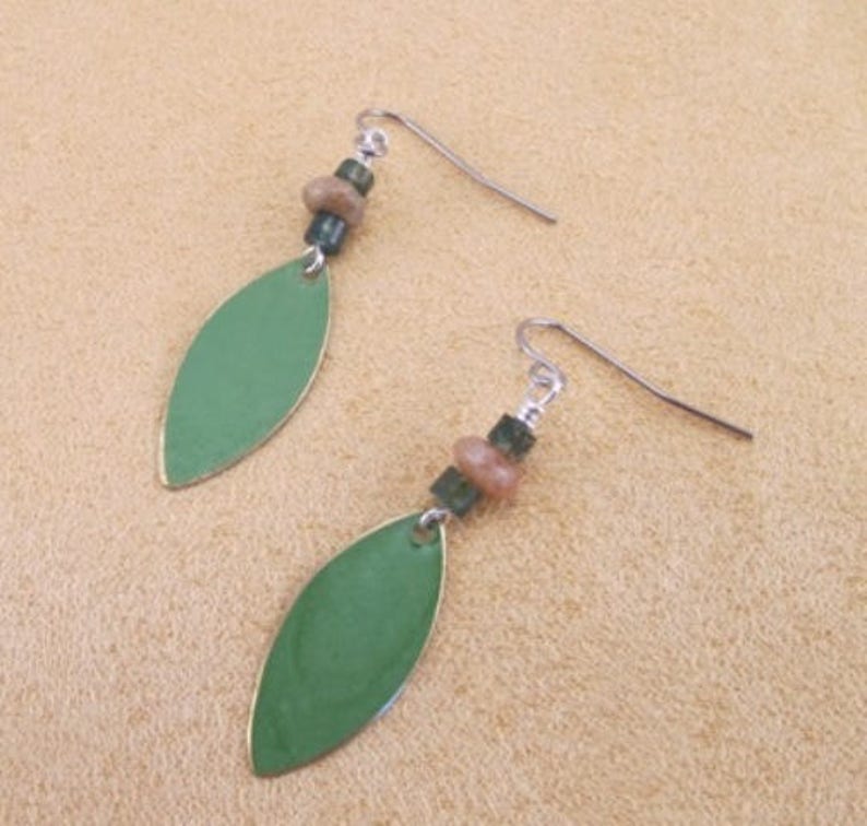 Earrings, green moss agate, jasper rondelles with marquis patina drop, simple, everyday earrings, surgical steel, hypoallergenic ear wires image 6