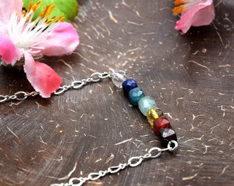 Chakra Bar Necklace, Gemstone jewelry, Handmade in Colorado, Healing crystals, minimalist styling, Rainbow colors,