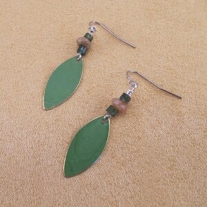 Earrings, green moss agate, jasper rondelles with marquis patina drop, simple, everyday earrings, surgical steel, hypoallergenic ear wires image 3