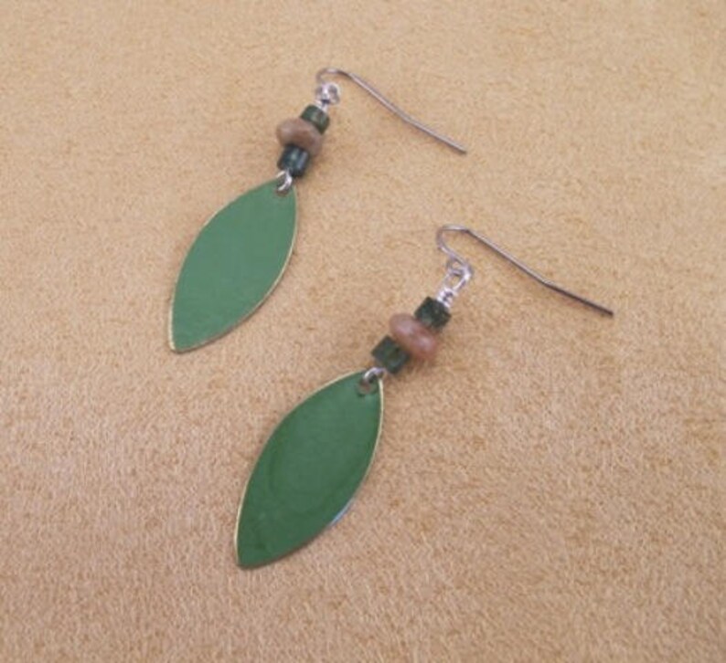 Earrings, green moss agate, jasper rondelles with marquis patina drop, simple, everyday earrings, surgical steel, hypoallergenic ear wires image 3
